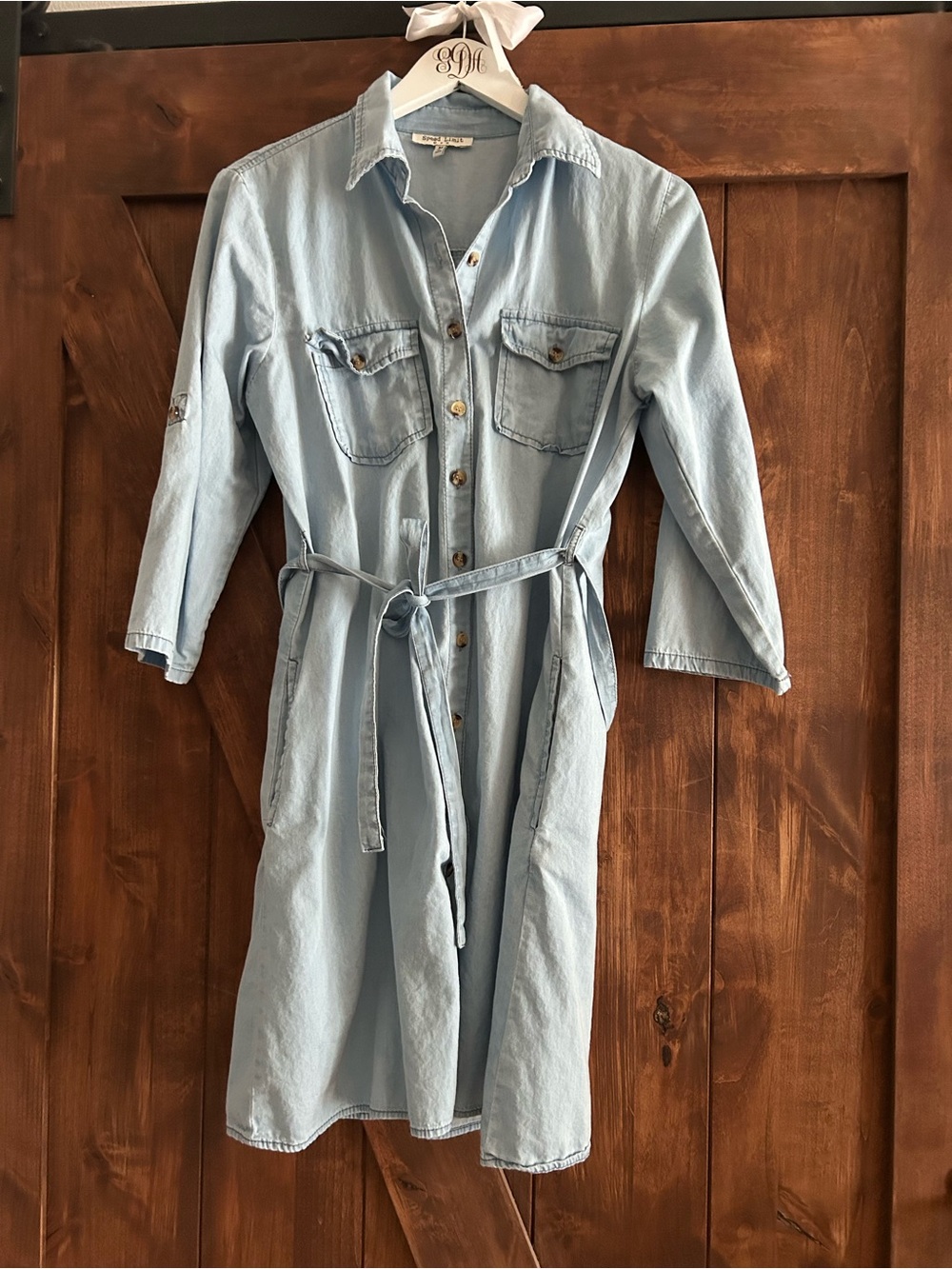 Light Blue Denim Shirt Dress with Waist Tie